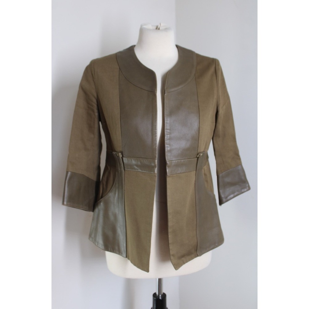 Mayle 4 Olive Green Brown Canvas Leather Peplum Open Jacket Blazer Silk Lined